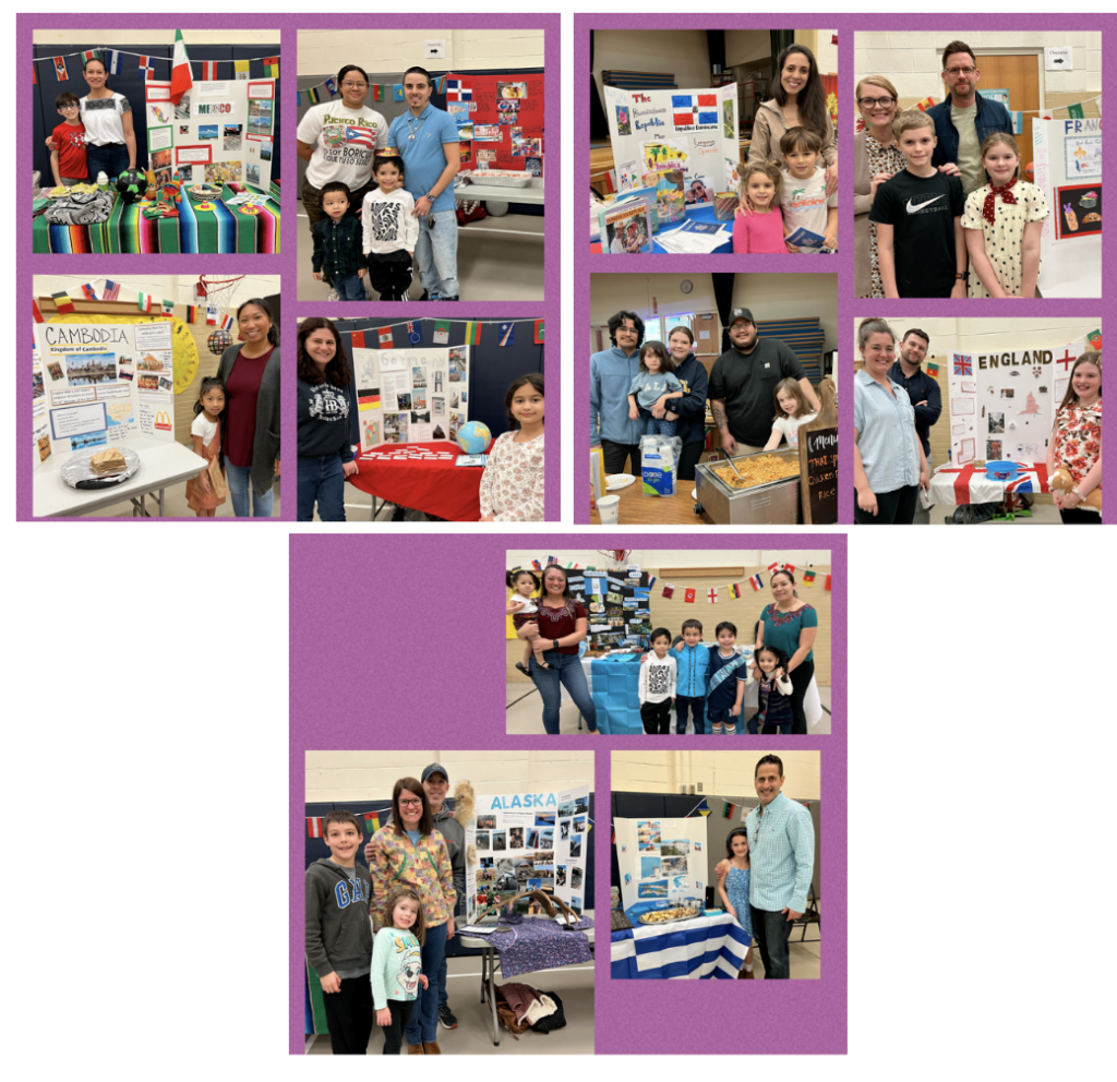 Families standing in front of their displays for international night